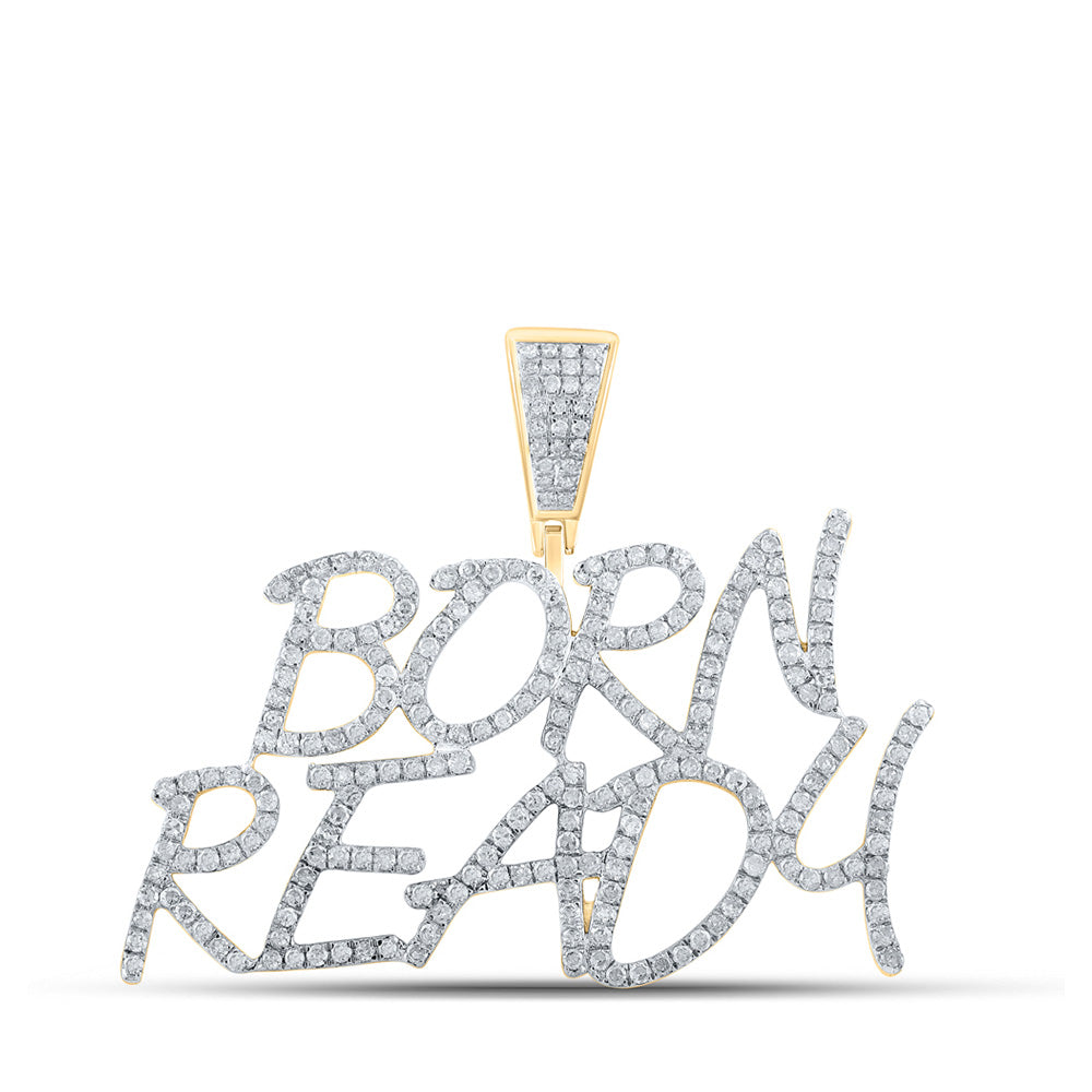 10kt Yellow Gold Mens Round Diamond Born Ready Phrase Charm Pendant 1-1/3 Cttw