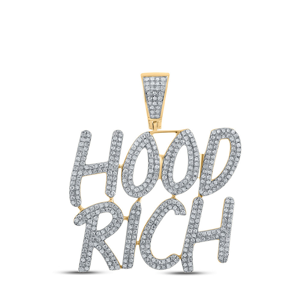 10kt Yellow Gold Mens Round Diamond Hood Rich Phrase Charm Pendant 1-1/4 Cttw