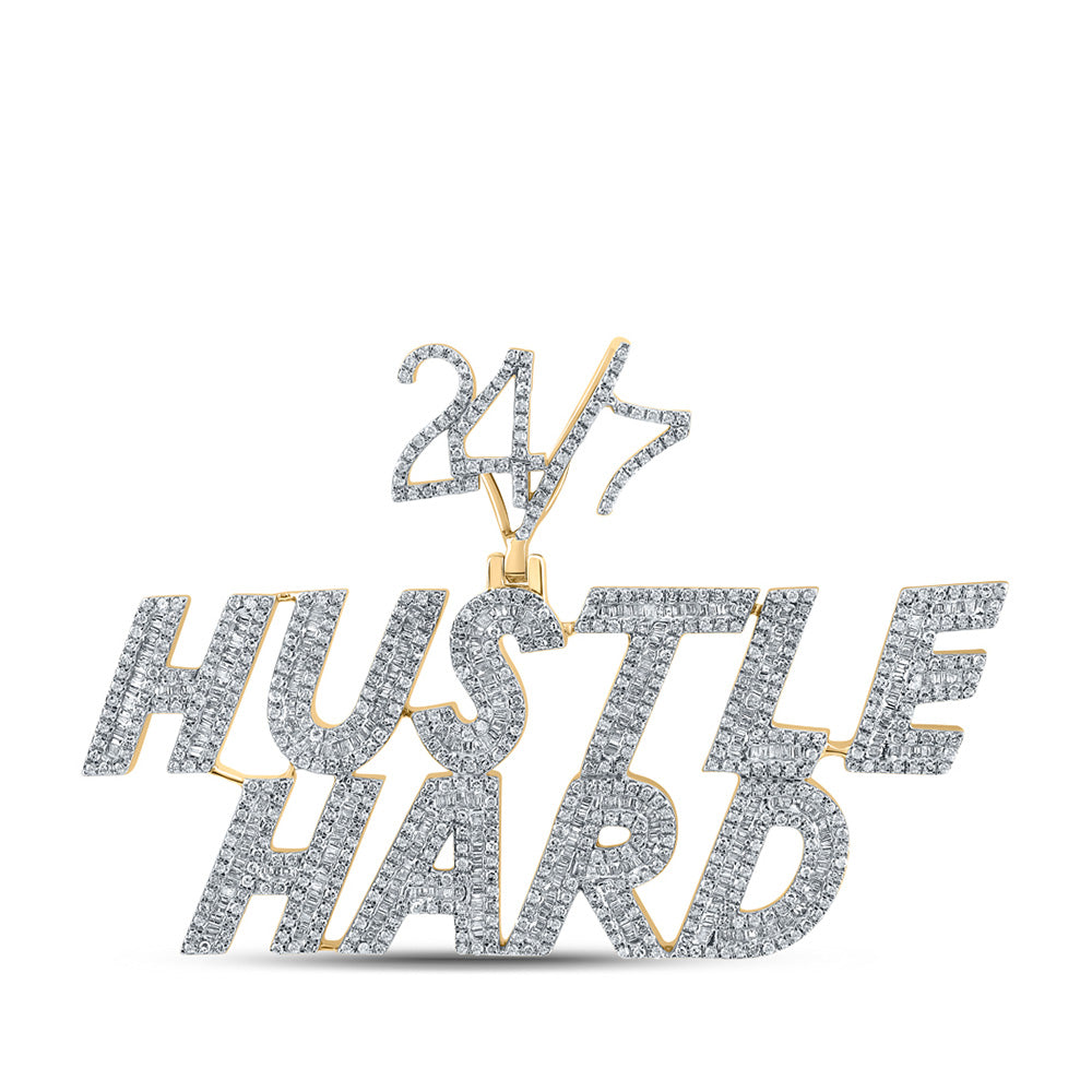 10kt Yellow Gold Mens Baguette Diamond Hustle Hard 24 7 Phrase Charm Pendant 2-5/8 Cttw