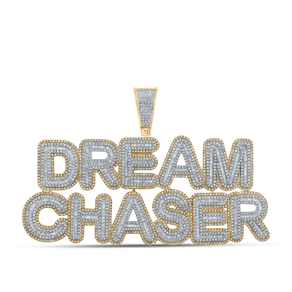 10kt Yellow Gold Mens Baguette Diamond Dream Chaser Phrase Charm Pendant 6-3/4 Cttw