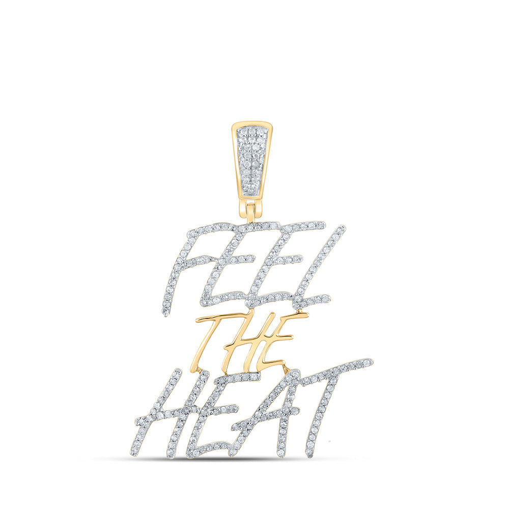 10kt Yellow Gold Mens Round Diamond Feel The Heat Phrase Charm Pendant 1/2 Cttw