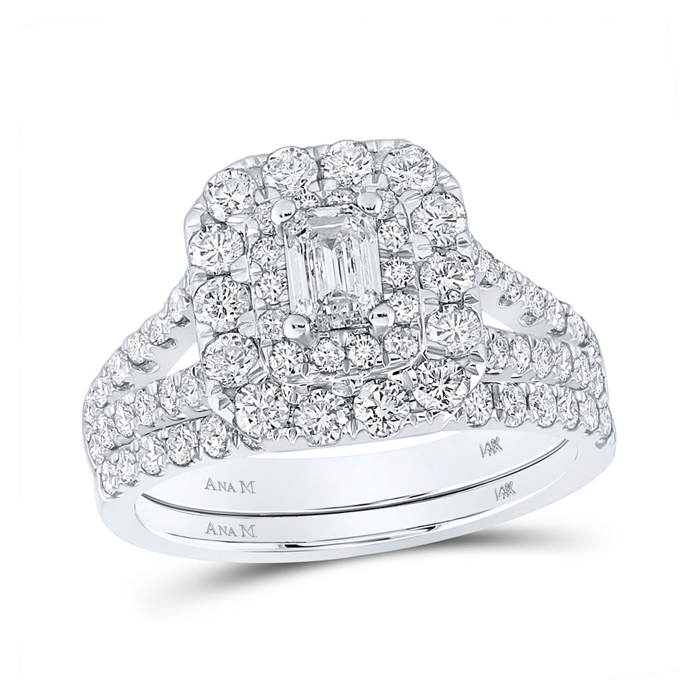 14kt White Gold Emerald Diamond Halo Bridal Wedding Ring Band Set 2 Cttw