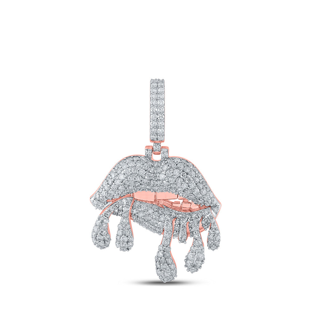 10kt Rose Gold Mens Round Diamond Dripping Lips Charm Pendant 3-1/5 Cttw