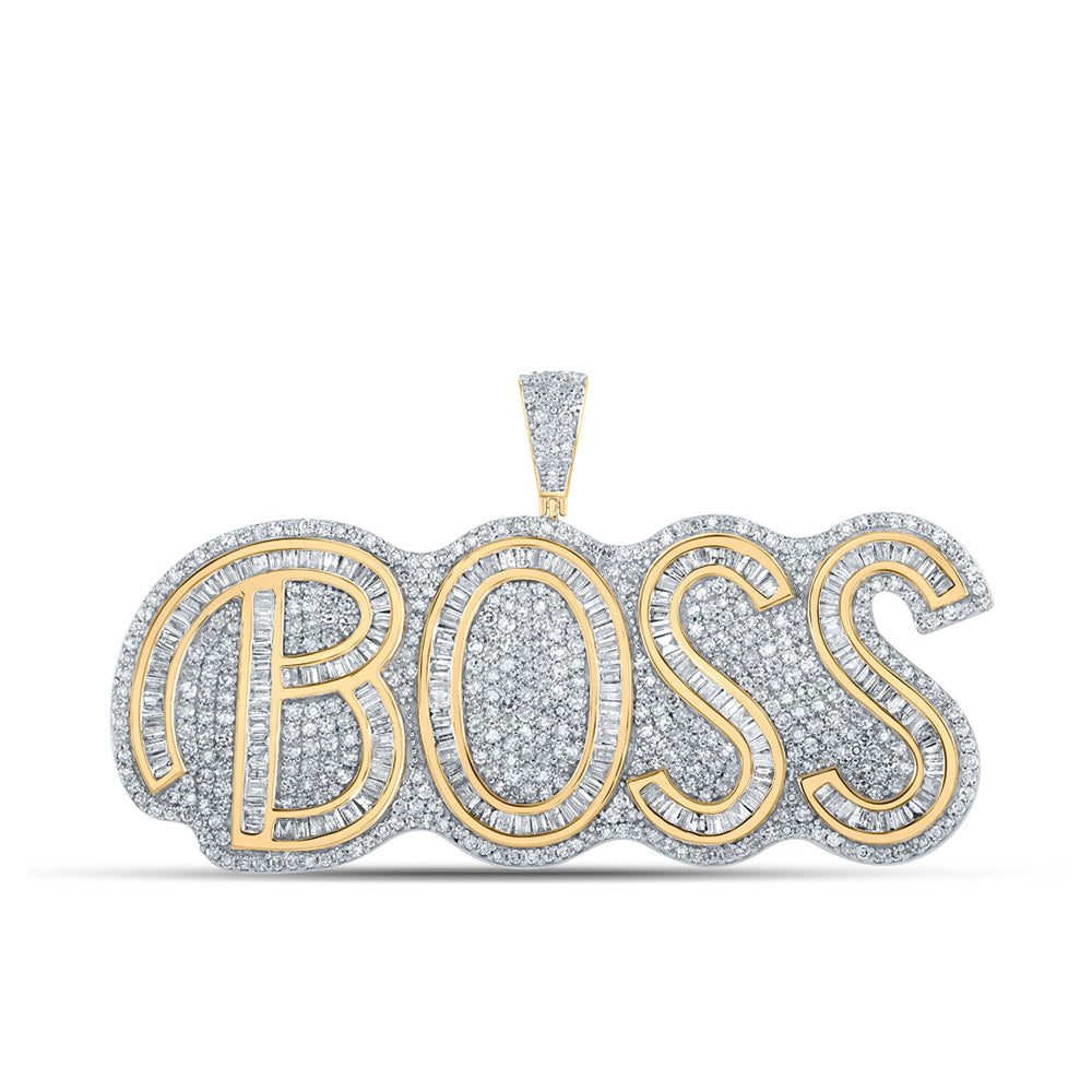 10kt Two-tone Gold Mens Baguette Diamond BOSS Phrase Charm Pendant 3 Cttw