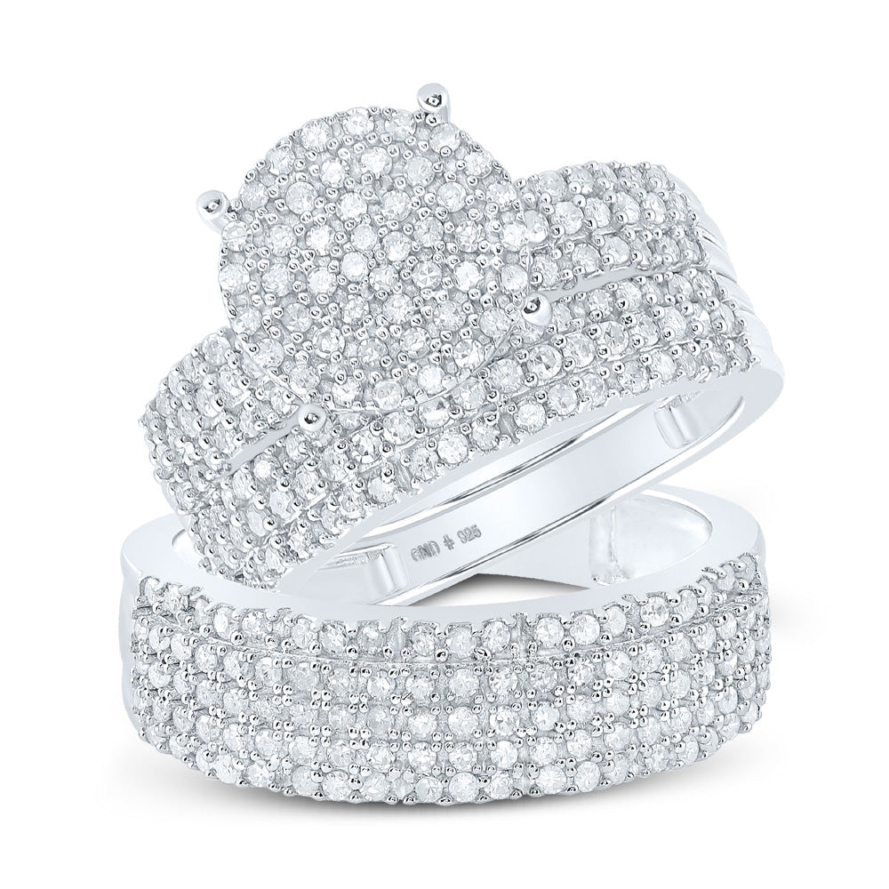 Sterling Silver Cluster Matching Wedding Set 1 3/8 Cttw Round Natural Diamond His Hers