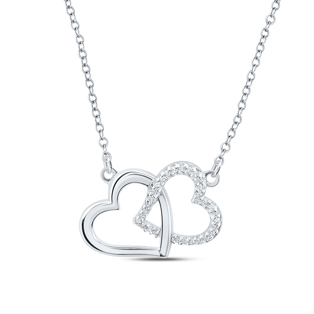 Sterling Silver 18-inch Double Heart Necklace 1/20 Cttw Round Natural Diamond Womens (1.09 grams)