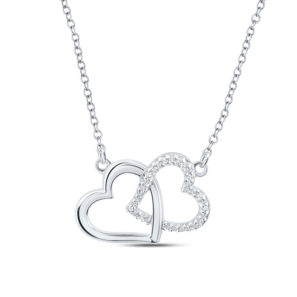Sterling Silver 18-inch Double Heart Necklace 1/20 Cttw Round Natural Diamond Womens