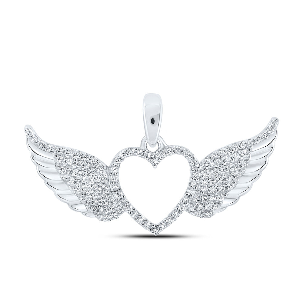 10kt White Gold Womens Round Diamond Wing Heart Pendant 1/4 Cttw