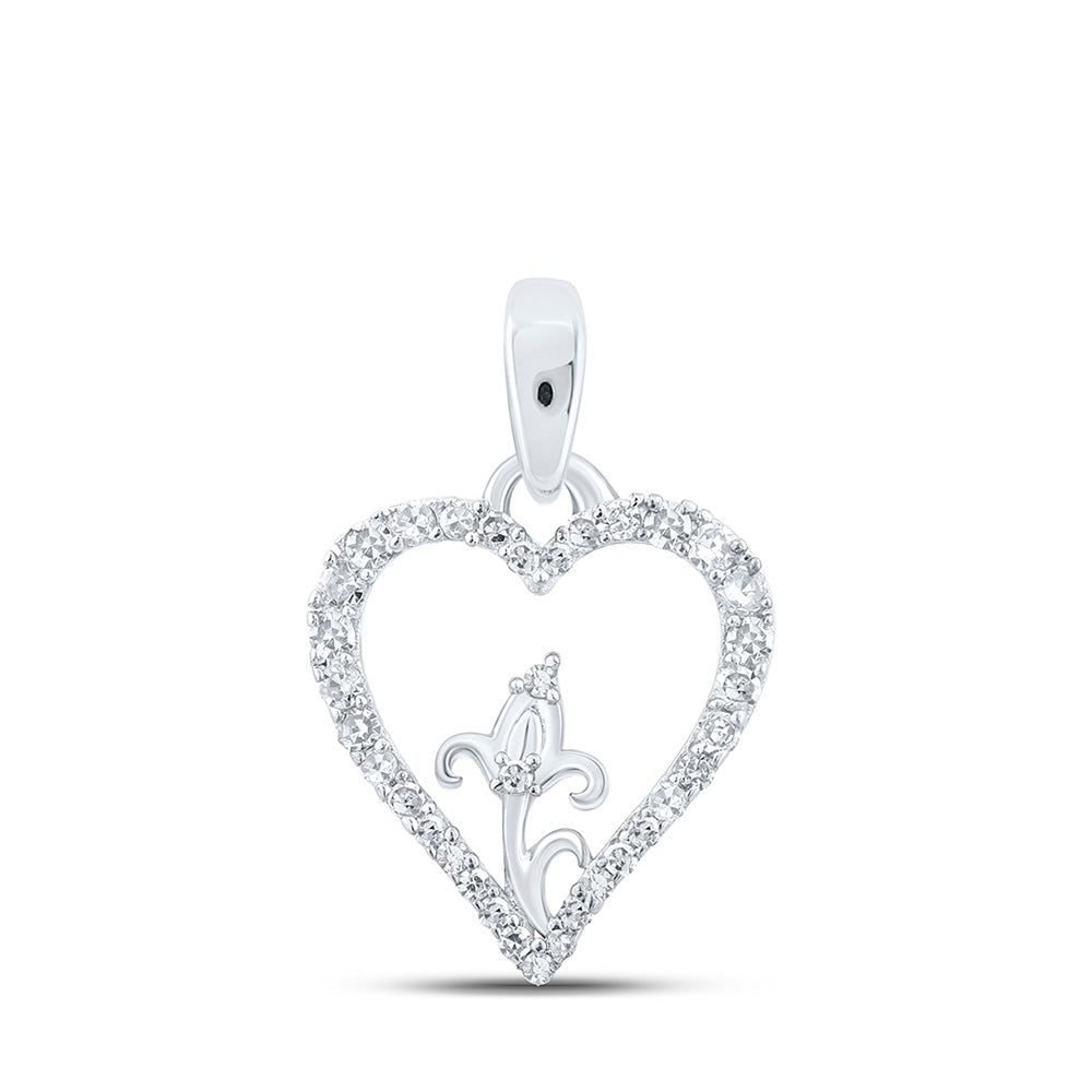 10kt White Gold Womens Round Diamond Flower Heart Pendant 1/8 Cttw