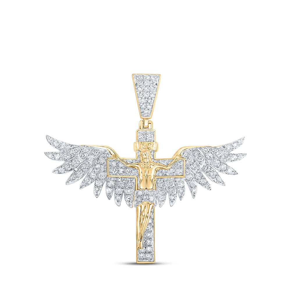 10kt Yellow Gold Mens Round Diamond Jesus Wings Cross Charm Pendant 1 Cttw