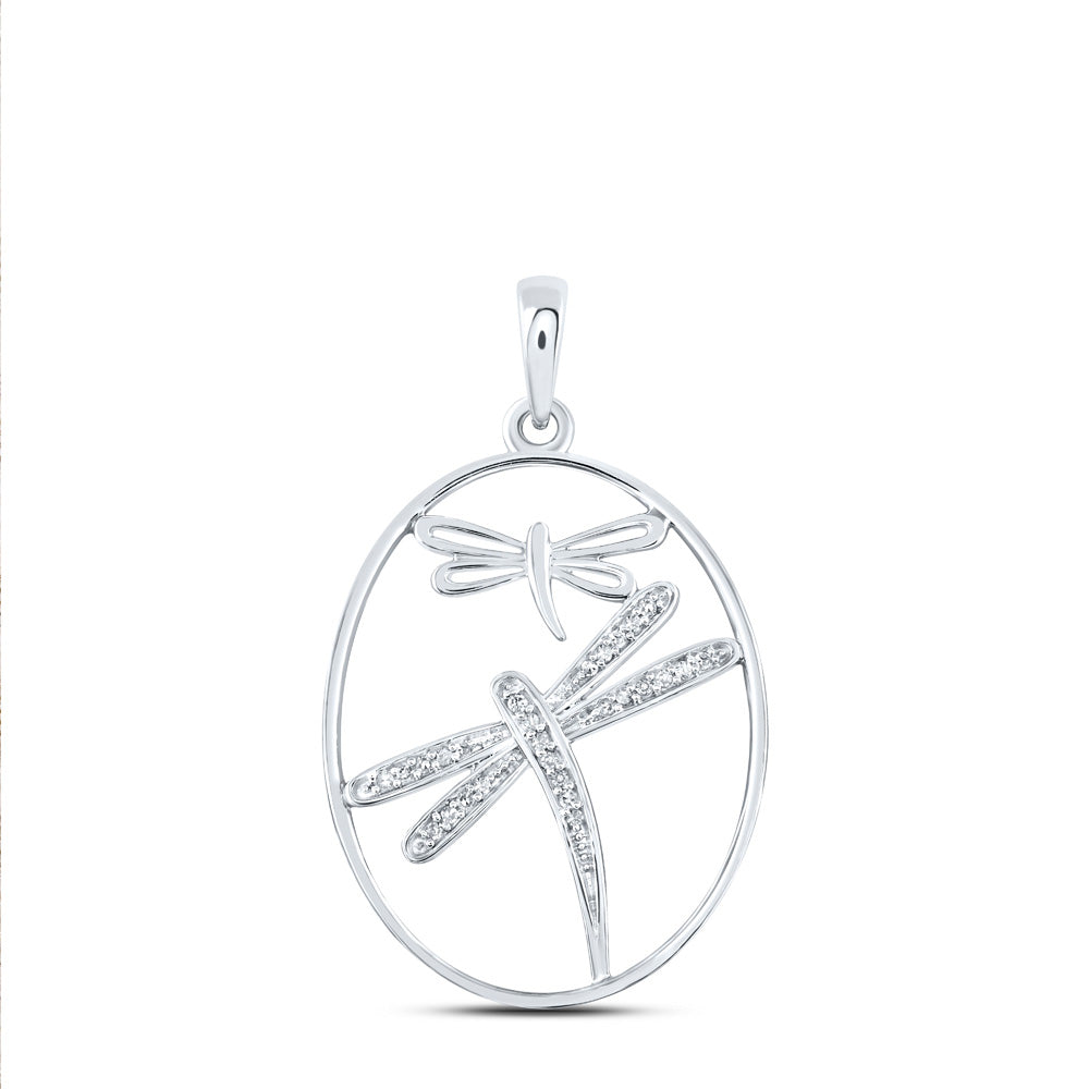 Sterling Silver Dragonfly Oval Pendant 1/10 Cttw Round Natural Diamond Womens (1.52 grams)