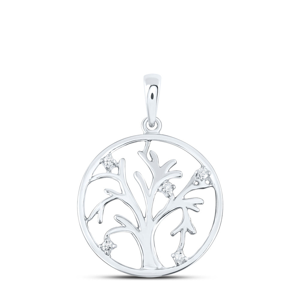 Sterling Silver Tree Circle Pendant 1/20 Cttw Round Natural Diamond Womens (2.04 grams)