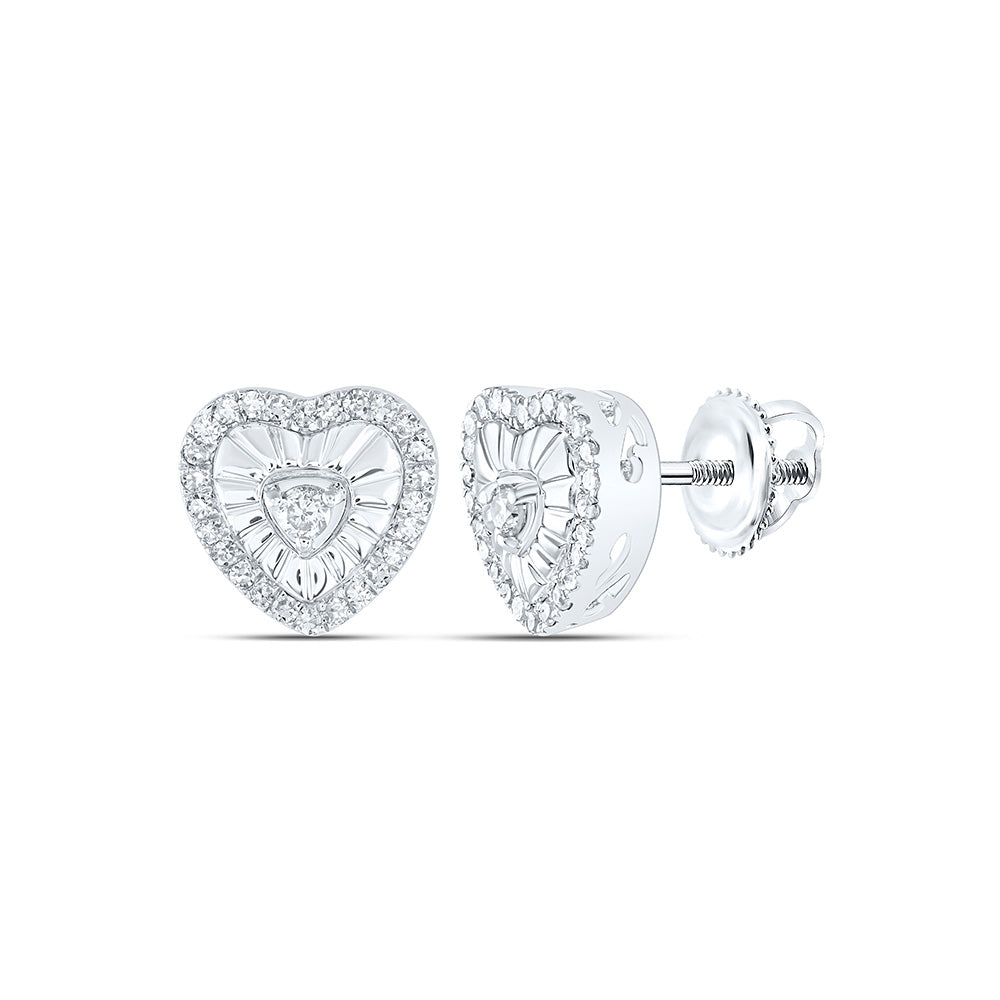 Sterling Silver Heart Earrings 1/4 Cttw Round Natural Diamond Womens