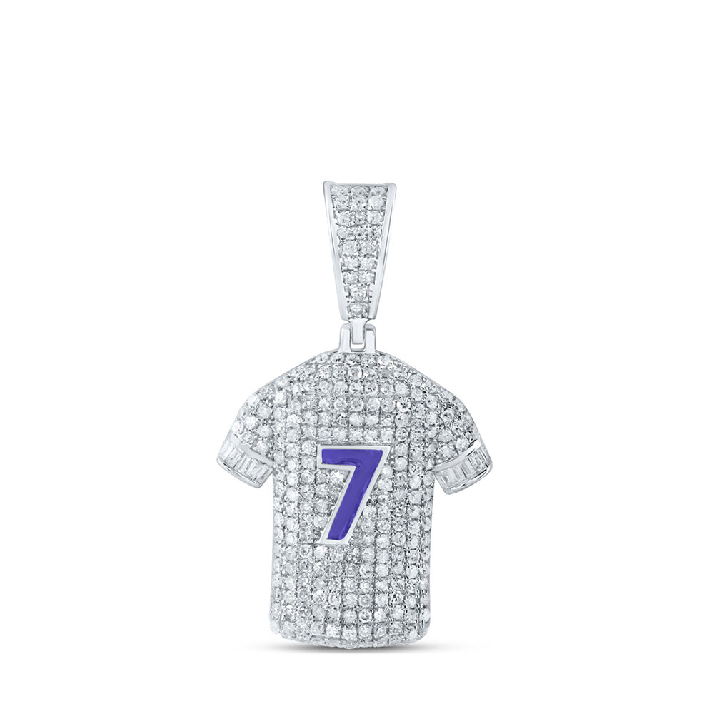 Sterling Silver Number 7 Jersey Charm Pendant 1-1/4 Cttw Baguette Natural Diamond Mens