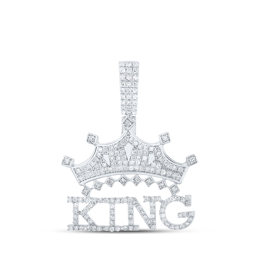 Sterling Silver KING Phrase Crown Charm Pendant 7/8 Cttw Round Natural Diamond Mens
