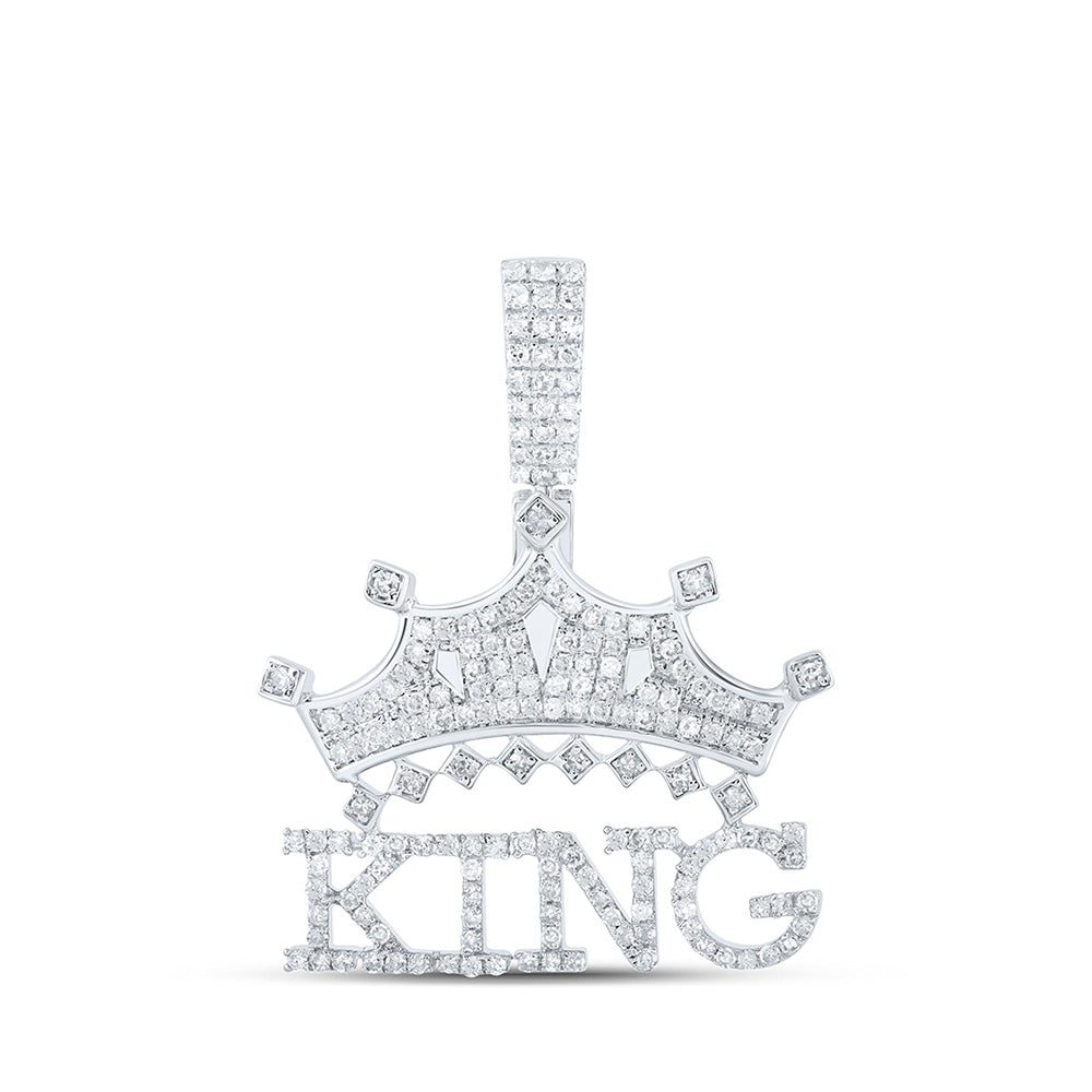 Sterling Silver KING Phrase Crown Charm Pendant 7/8 Cttw Round Natural Diamond Mens (3.35 grams)