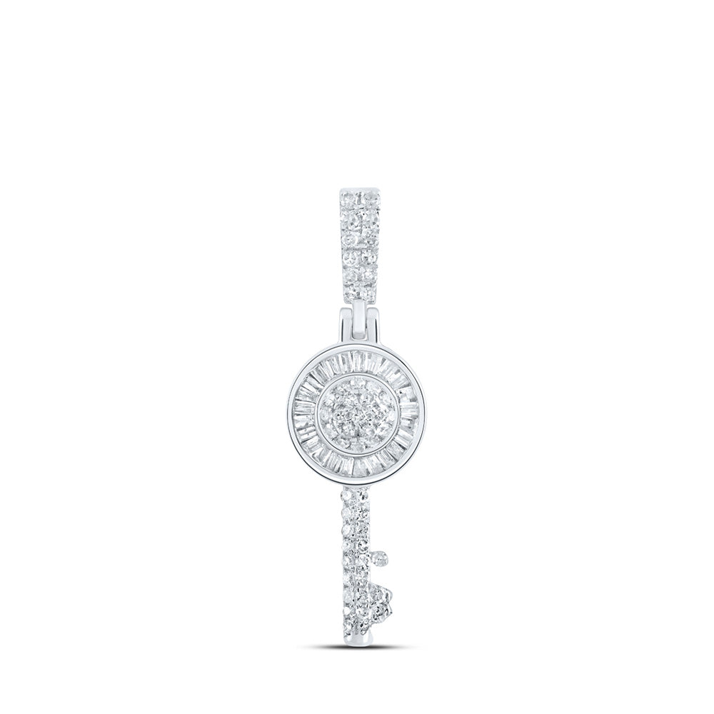 Sterling Silver Key Pendant 3/8 Cttw Round Natural Diamond Womens (1.19 grams)