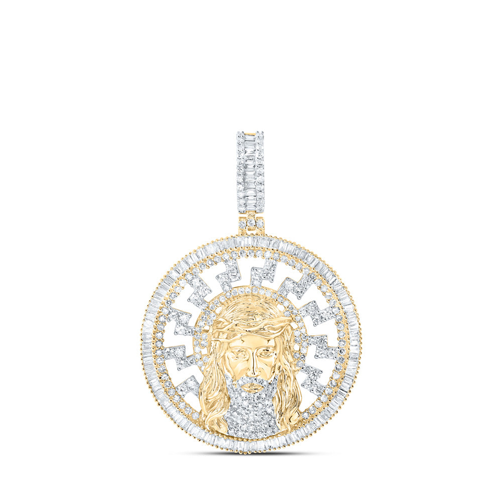 10kt Yellow Gold Mens Baguette Diamond Jesus Medallion Circle Charm Pendant 2-3/4 Cttw