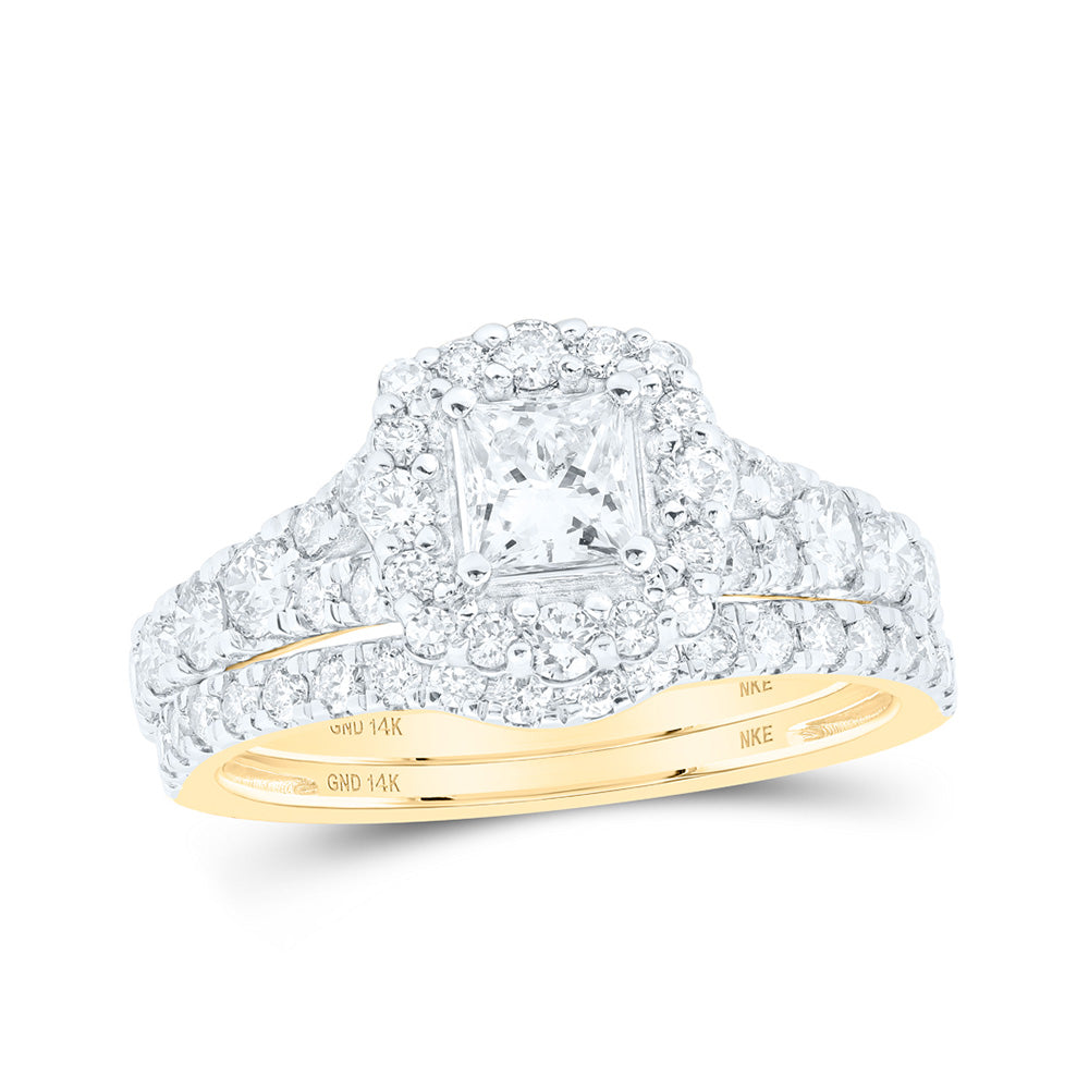 14kt Yellow Gold Princess Diamond Halo Bridal Wedding Ring Band Set 1-1/2 Cttw