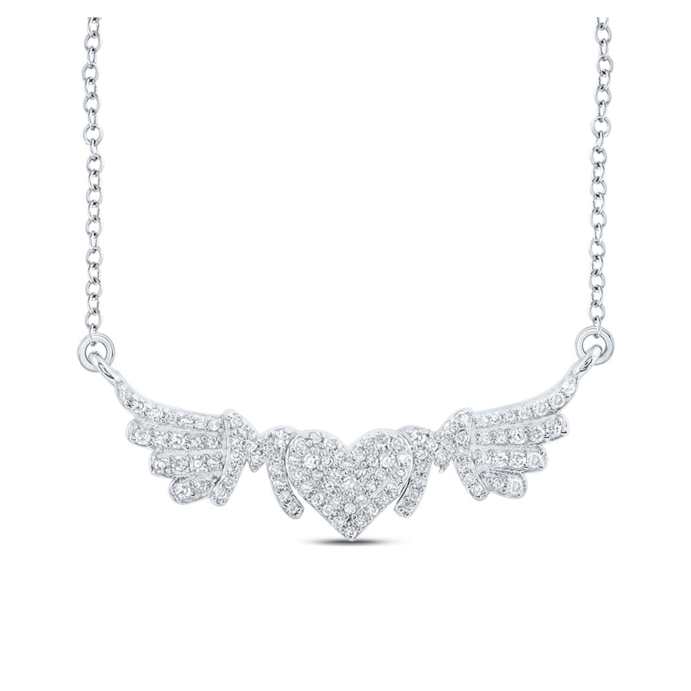 Sterling Silver 18-inch Heart Wing Mom Necklace 1/4 Cttw Round Natural Diamond Womens (2.87 grams)