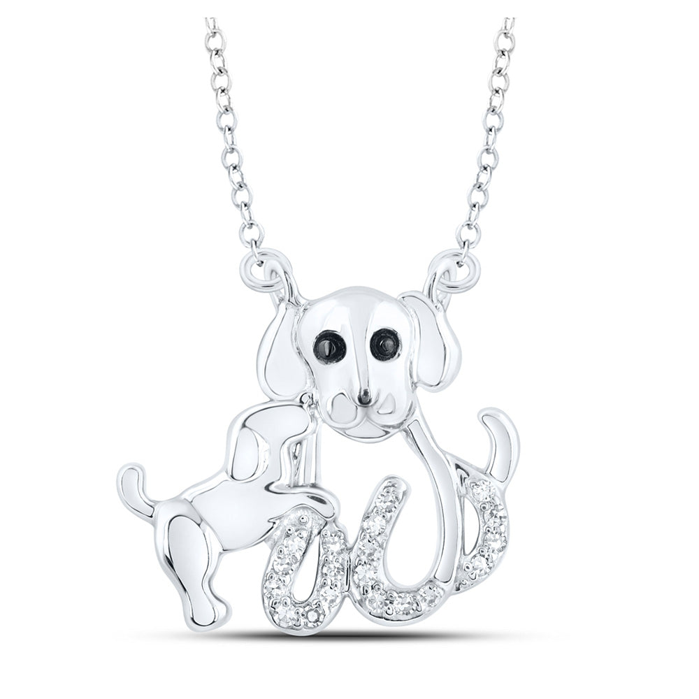 Sterling Silver Dog Pup Fashion Necklace 1/12 Cttw Round Natural Diamond Womens (3.7 grams)