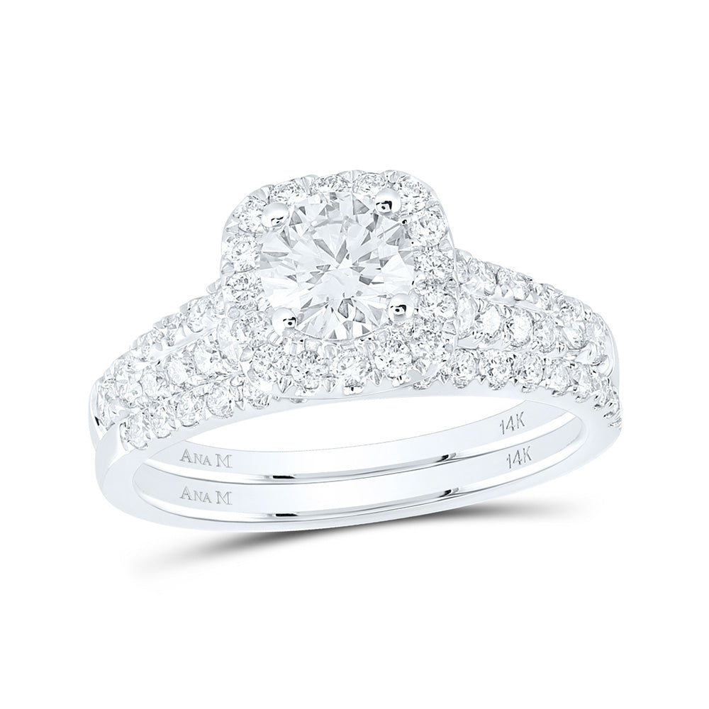 14kt White Gold Round Diamond Halo Bridal Wedding Ring Band Set 1-1/2 Cttw