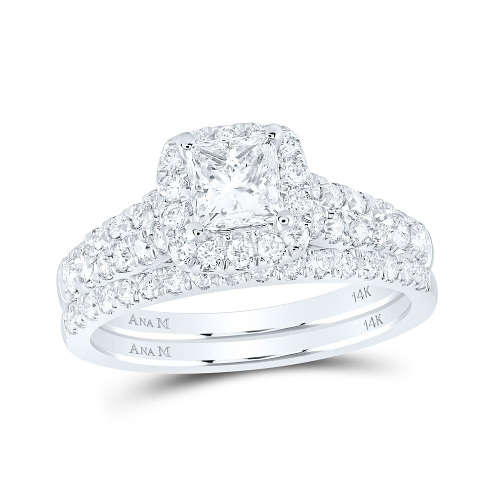 14kt White Gold Princess Diamond Halo Bridal Wedding Ring Band Set 1-1/2 Cttw