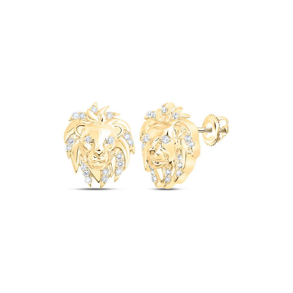 Gold Lion Face Stud Earrings 1/12 Cttw Round Natural Diamond Mens