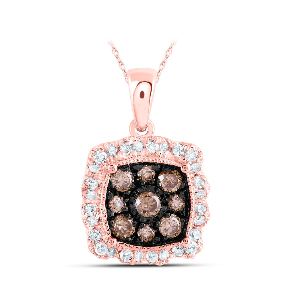 10kt Rose Gold Womens Round Brown Diamond Square Pendant 3/8 Cttw