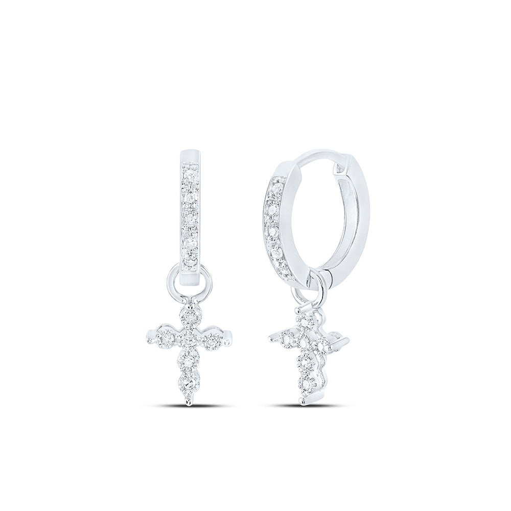 10kt White Gold Womens Round Diamond Cross Hoop Dangle Earrings 1/8 Cttw