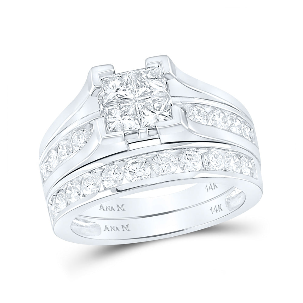 14kt White Gold Princess Diamond Bridal Wedding Ring Band Set 2 Cttw
