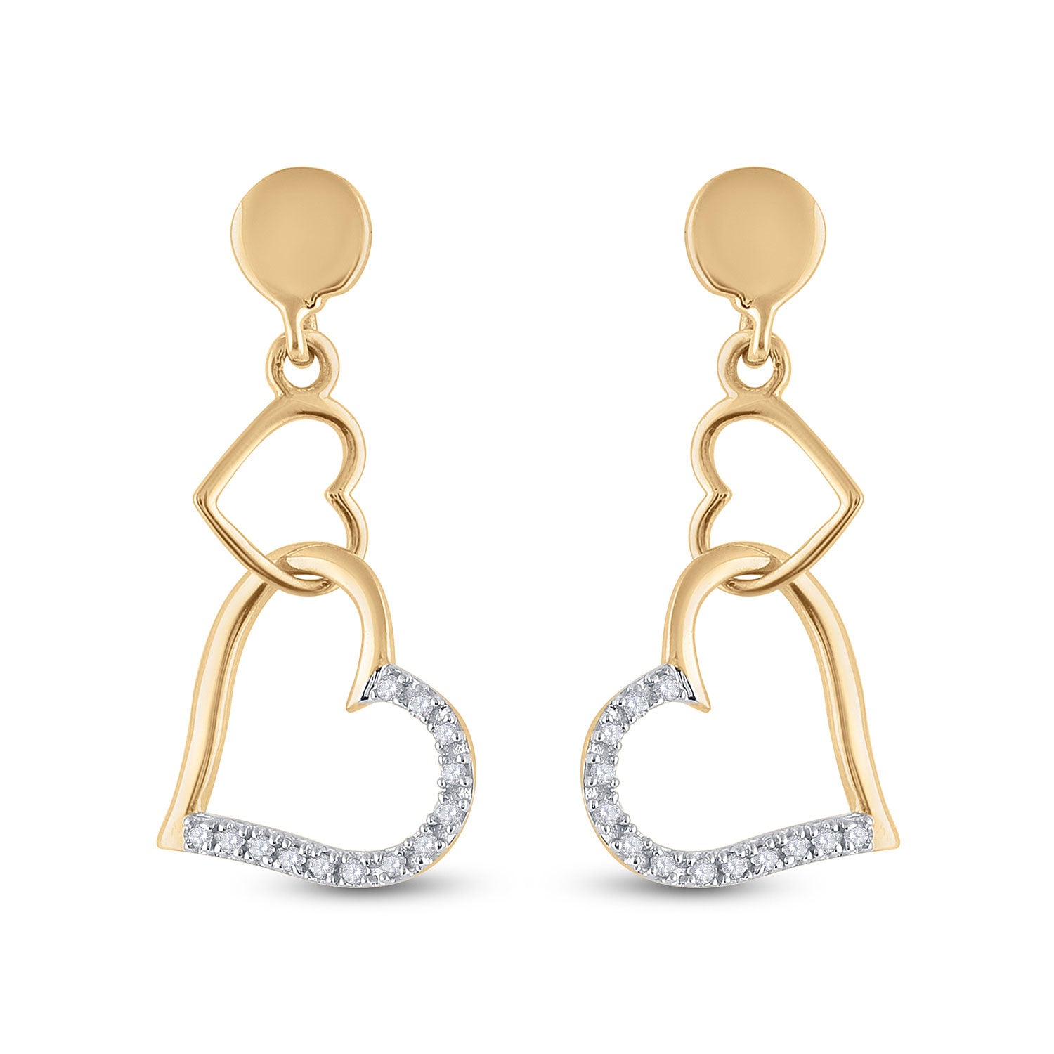 14kt Yellow Gold Womens Round Diamond Heart Dangle Earrings 1/10 Cttw
