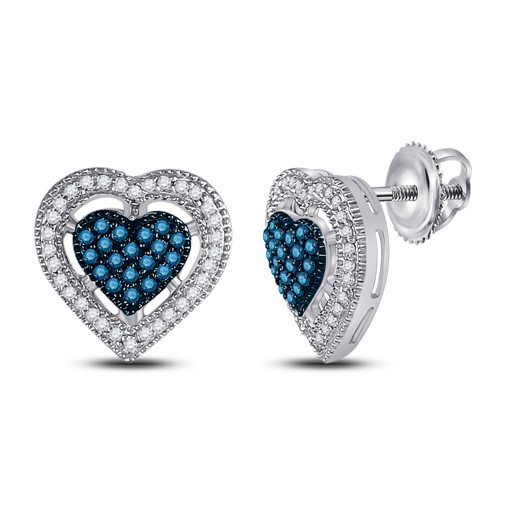 10kt White Gold Womens Round Blue Color Enhanced Diamond Heart Earrings 3/8 Cttw