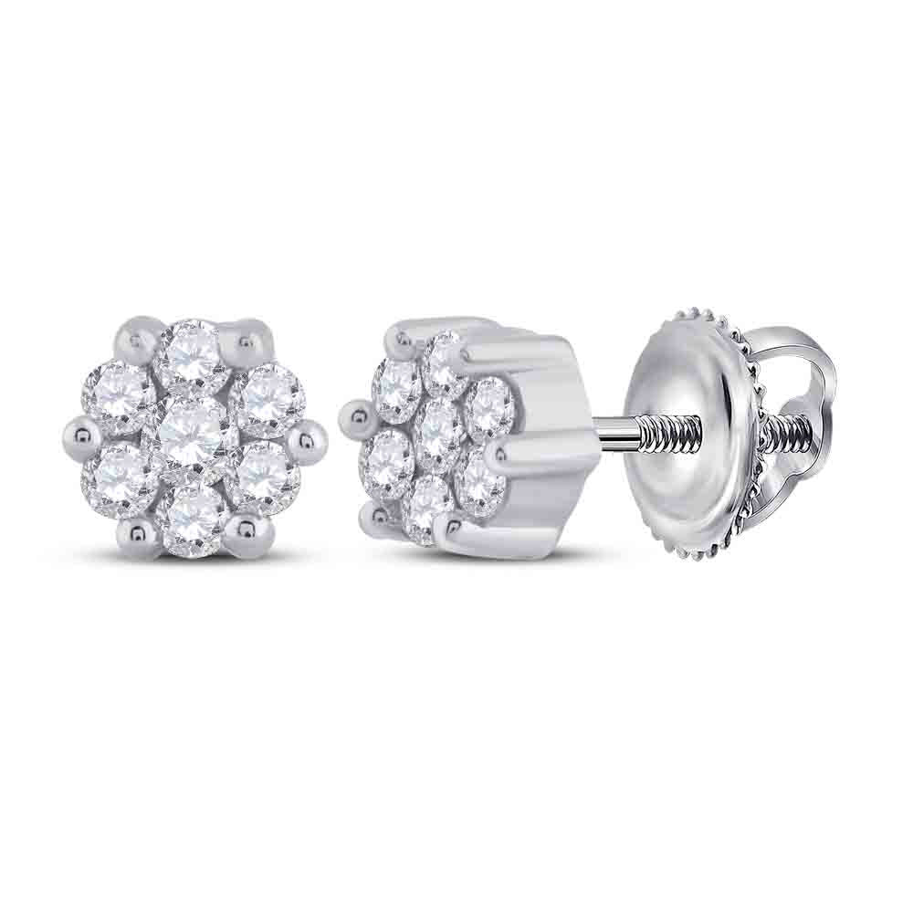 Sterling Silver Womens Round Diamond Flower Cluster Stud Earrings 1/6 Cttw