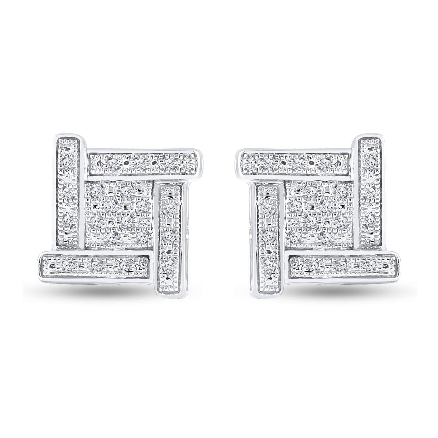 Sterling Silver Mens Round Diamond Square Earrings 1/8 Cttw