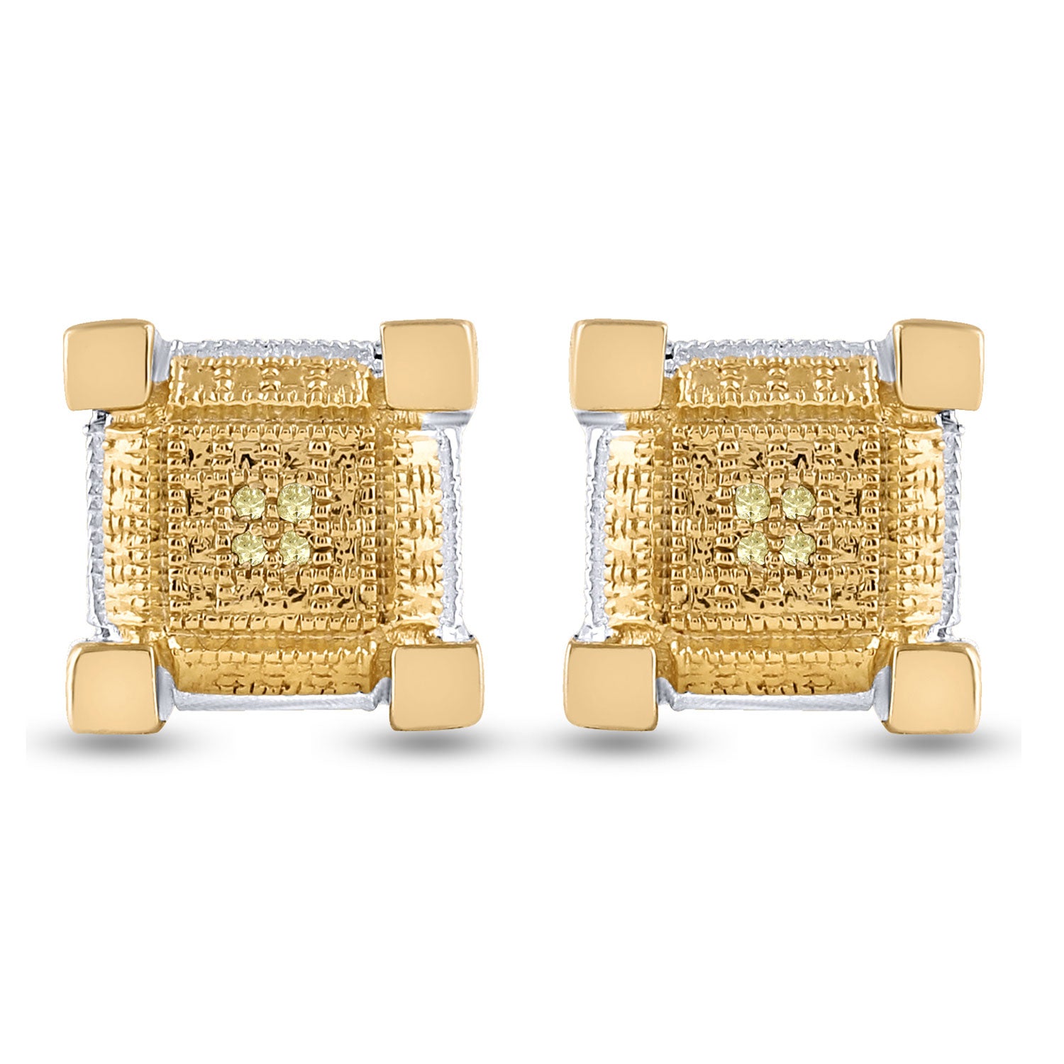 Yellow-tone Sterling Silver Mens Round Diamond 3D Square Earrings .03 Cttw