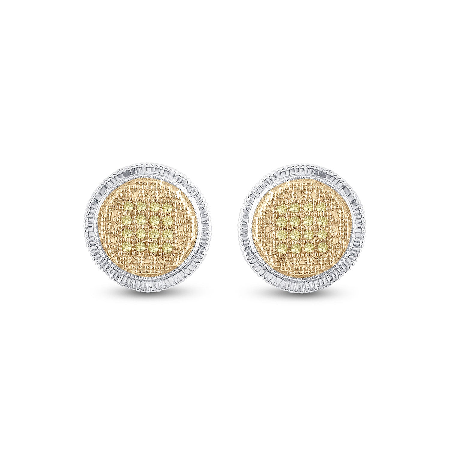 Sterling Silver Mens Round Yellow Color Enhanced Diamond Disk Circle Earrings 1/10 Cttw