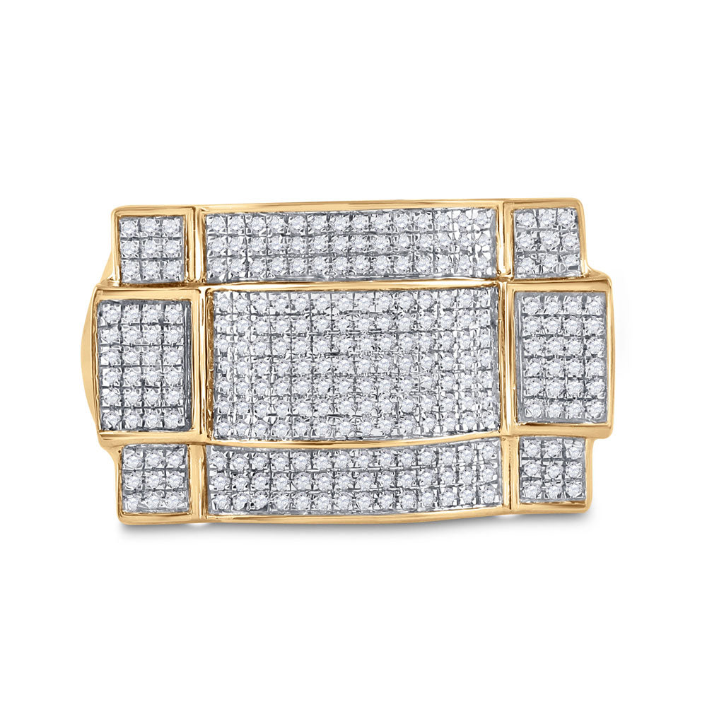 10kt Yellow Gold Mens Round Diamond Contoured Rectangle Cluster Ring 1/2 Cttw