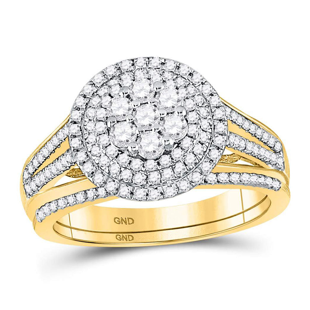 10kt Yellow Gold Round Diamond Cluster Bridal Wedding Ring Band Set 7/8 Cttw