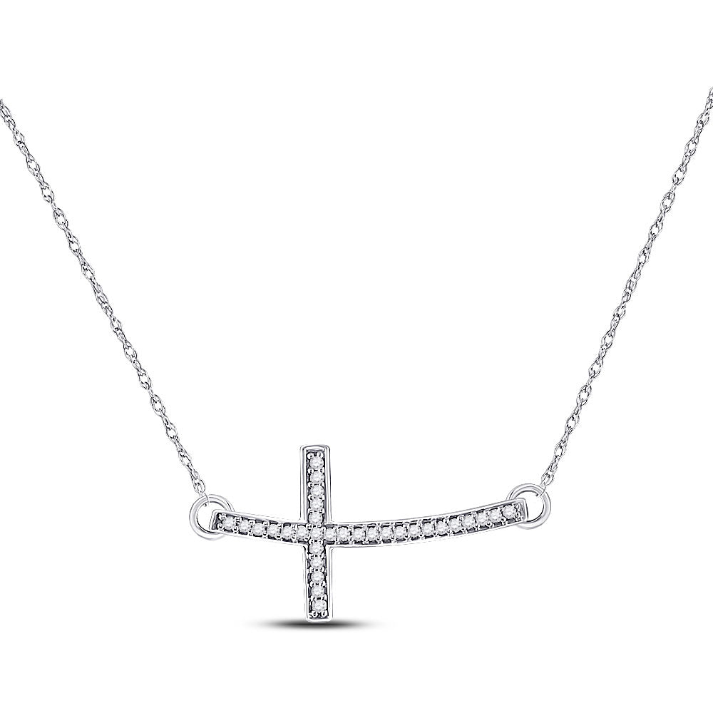 Gold Horizontal Pendant Cross Necklace 1/10 Cttw Round Natural Diamond Womens (0.9 grams)