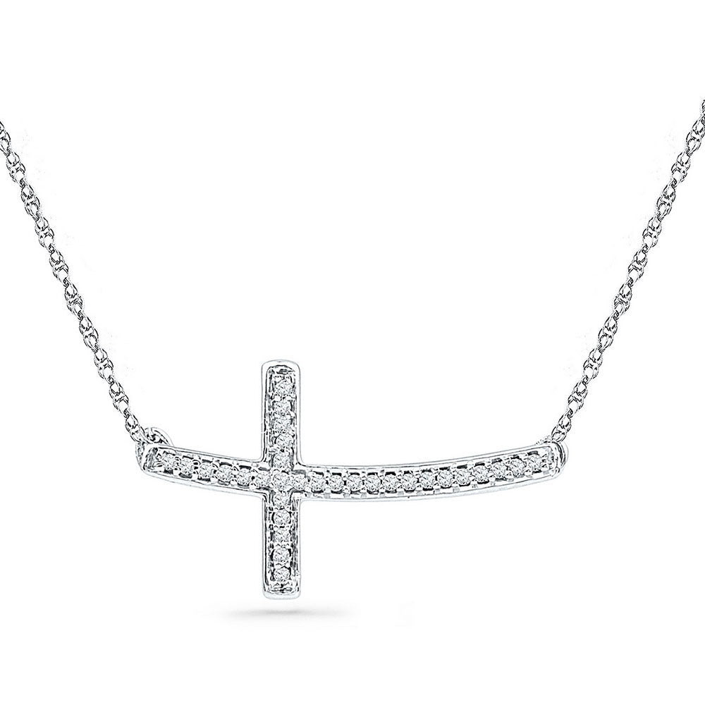 Sterling Silver Horizontal Sideways Cross Necklace 1/10 Cttw Round Natural Diamond Womens (2.47 grams)