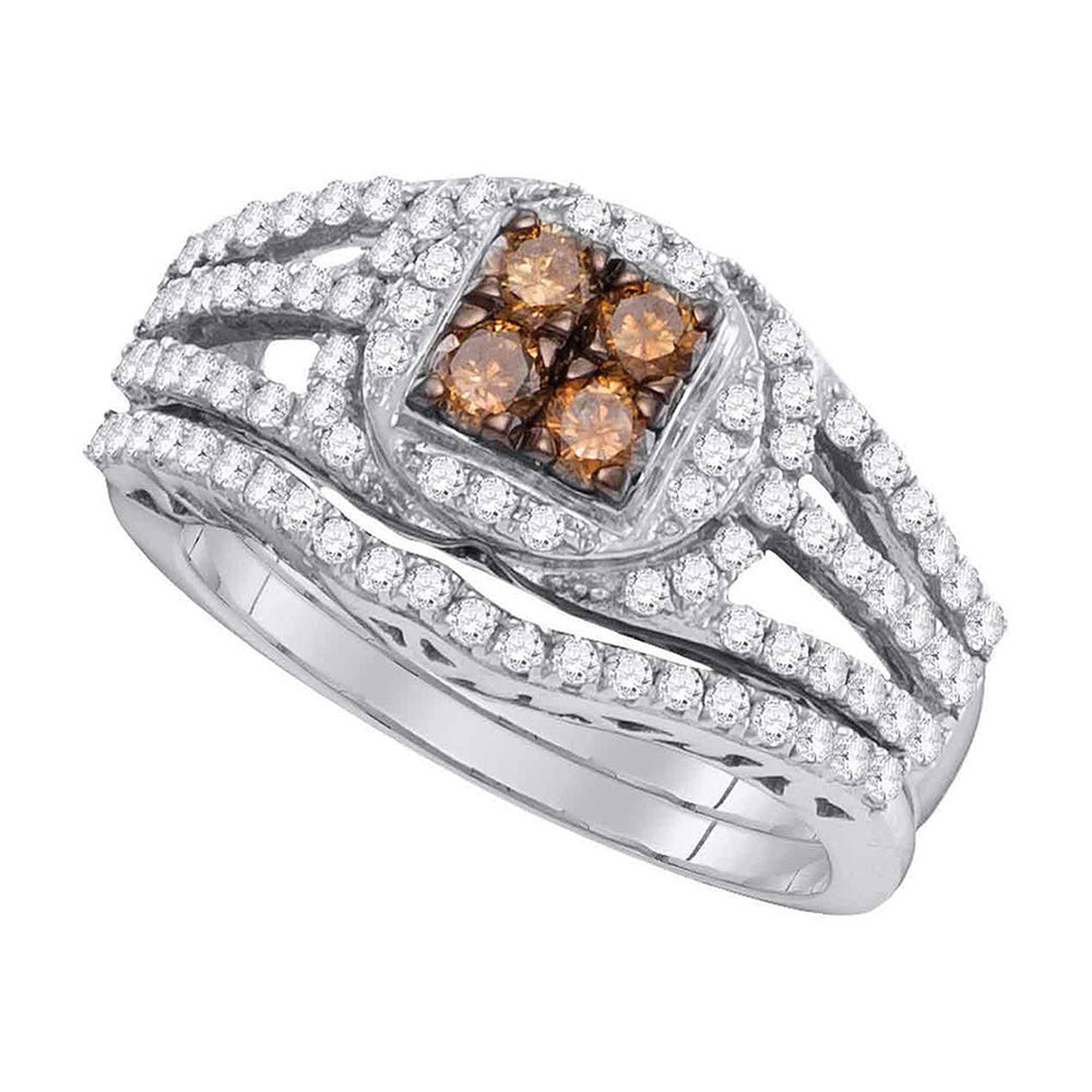 10kt White Gold Womens Round Brown Diamond Bridal Wedding Ring Band Set 1 Cttw