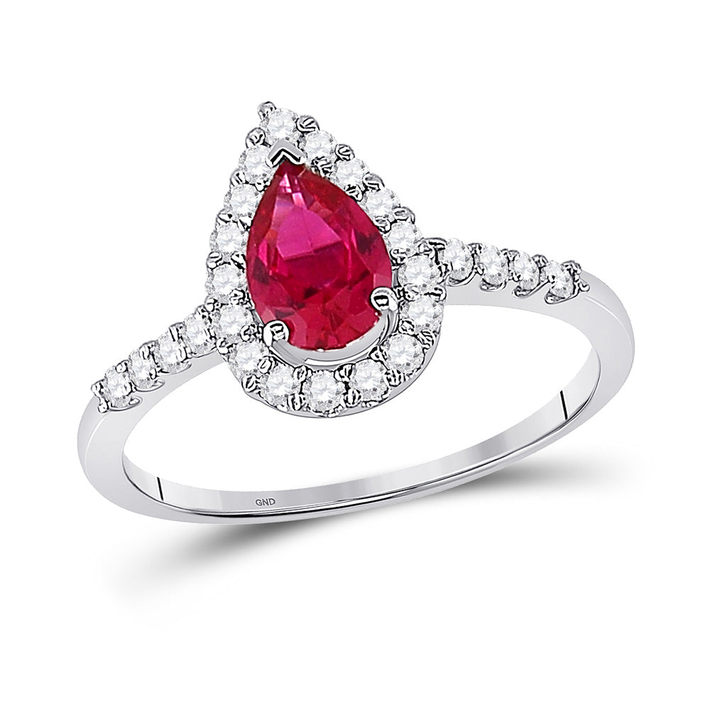 10kt White Gold Womens Pear Lab-Created Ruby Solitaire Diamond Frame Ring 1-1/5 Cttw