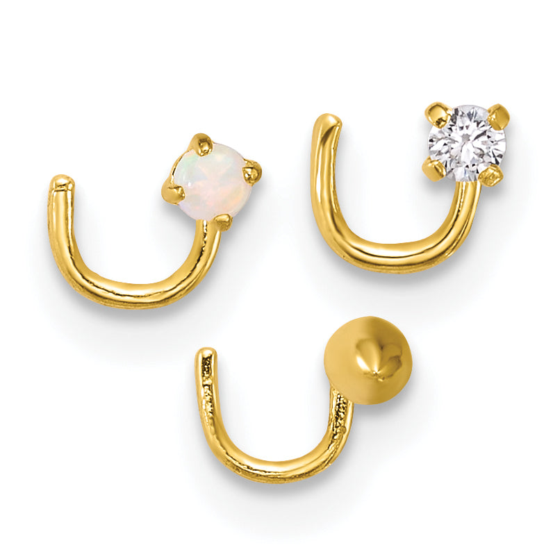 10k 22 Gauge CZ/Lab Created Opal/Spike Set of 3 Nose Studs (0.3 grams)