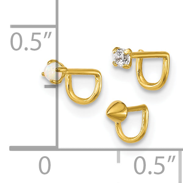 10k 22 Gauge CZ/Lab Created Opal/Spike Set of 3 Nose Studs (0.3 grams)