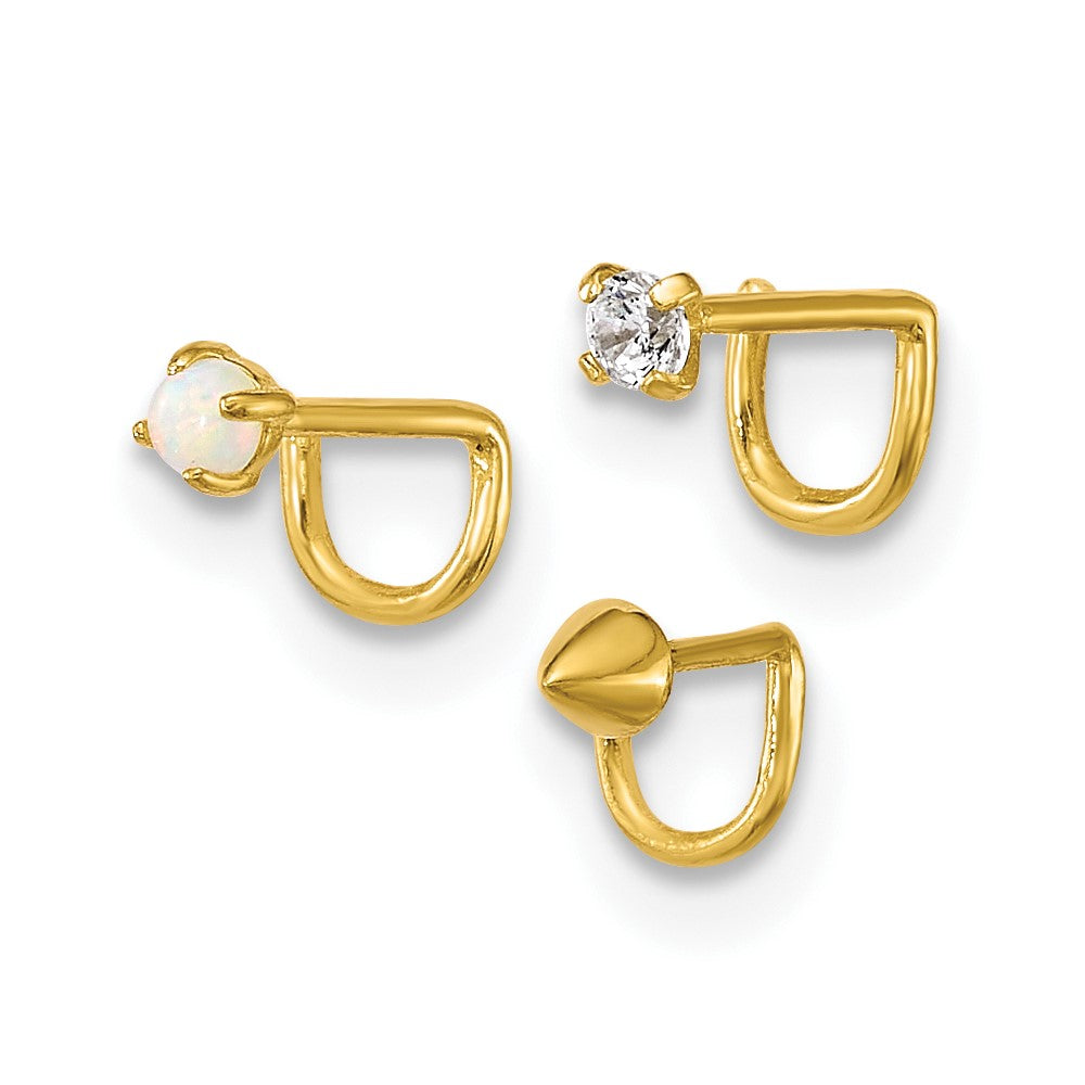 10k 22 Gauge CZ/Lab Created Opal/Spike Set of 3 Nose Studs (0.3 grams)