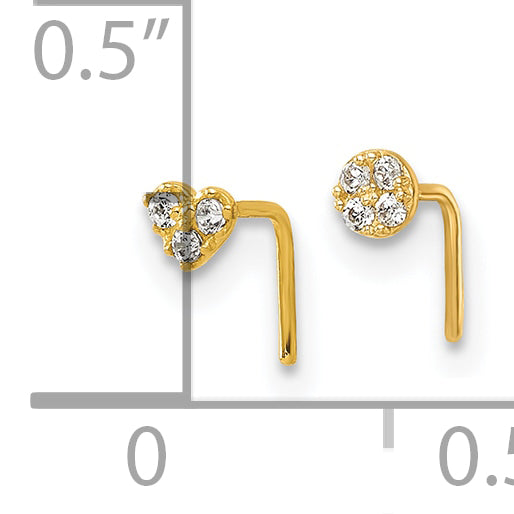 10k Polished 23 Gauge Set of 2 CZ Heart & Circle Nose Studs (0.16 grams)