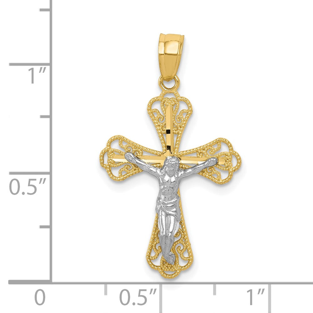 10k Yellow w/Rhodium 16 mm  Filigree Jesus Crucifix Pendant (0.71 grams)