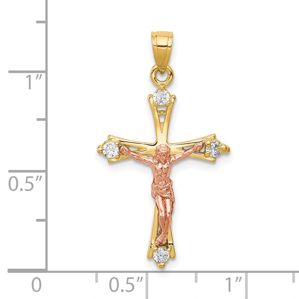 10k Two-tone 16 mm CZ Cubic Zirconia Jesus Crucifix Pendant (1.34 grams)