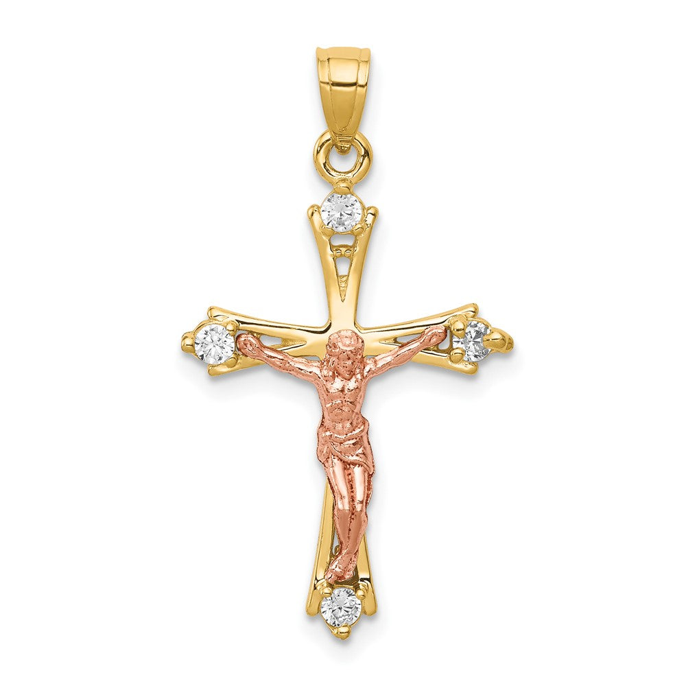 10k Two-tone 16 mm CZ Cubic Zirconia Jesus Crucifix Pendant (1.34 grams)